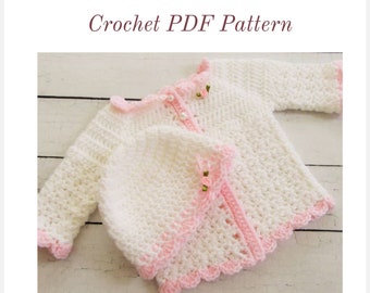 CROCHET PATTERN - Emma Baby Sweater / Hat / 4 Sizes (Newborn, 0-3, 3-6, 6-12)