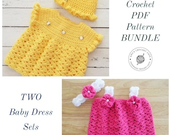 CROCHET PATTERN BUNDLE - Baby Sundress / Hat / Headband / 4 Sizes (Newborn, 0-3, 3-6, 6-12)