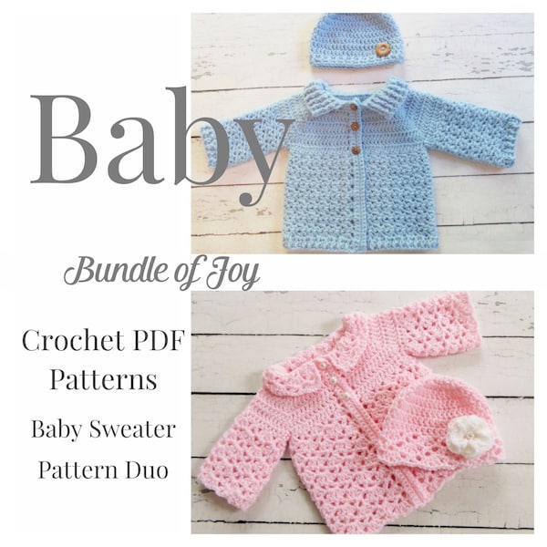 CROCHET PATTERN BUNDLE / Baby Sweaters / Hats / 4 Sizes (Newborn, 0-3, 3-6, 6-12)