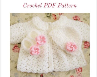 CROCHET PATTERN - Emily Baby Sweater Set / Hat / Booties / 4 Sizes (Newborn, 0-3, 3-6, 6-12)