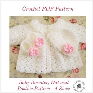 CROCHET PATTERN - Emily Baby Sweater Set / Hat / Booties / 4 Sizes (Newborn, 0-3, 3-6, 6-12)