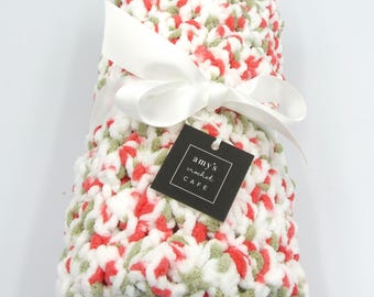 Crochet Baby Blanket: Red, White, and Brown Chunky Chenille Style Infant