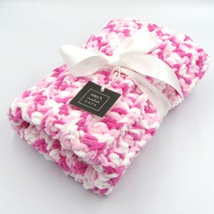 CROCHET BABY BLANKET Handmade Baby Blanket, Chunky Blanket, Chenille Style, Stroller Blanket, New Baby Gift, Pink, White, Baby Girl Blanket