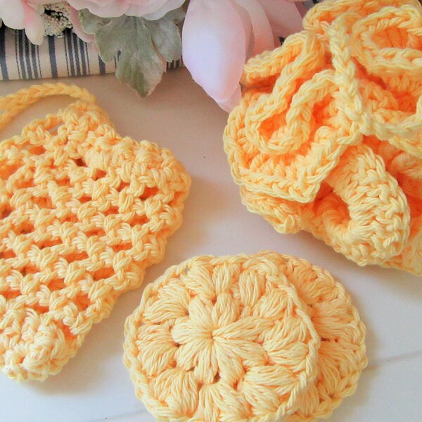YELLOW BATH SET Crochet Bath Pouf Crochet Scrubbies Crochet Soap Bag Soap Saver Bag Bath Gift Set Spa Gift Set Cotton Bath Set Gift for Her