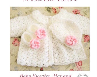Baby CROCHET PATTERN - Sweater / Hat / Booties / 4 Sizes (Newborn, 0-3, 3-6, 6-12) Infant Outfit