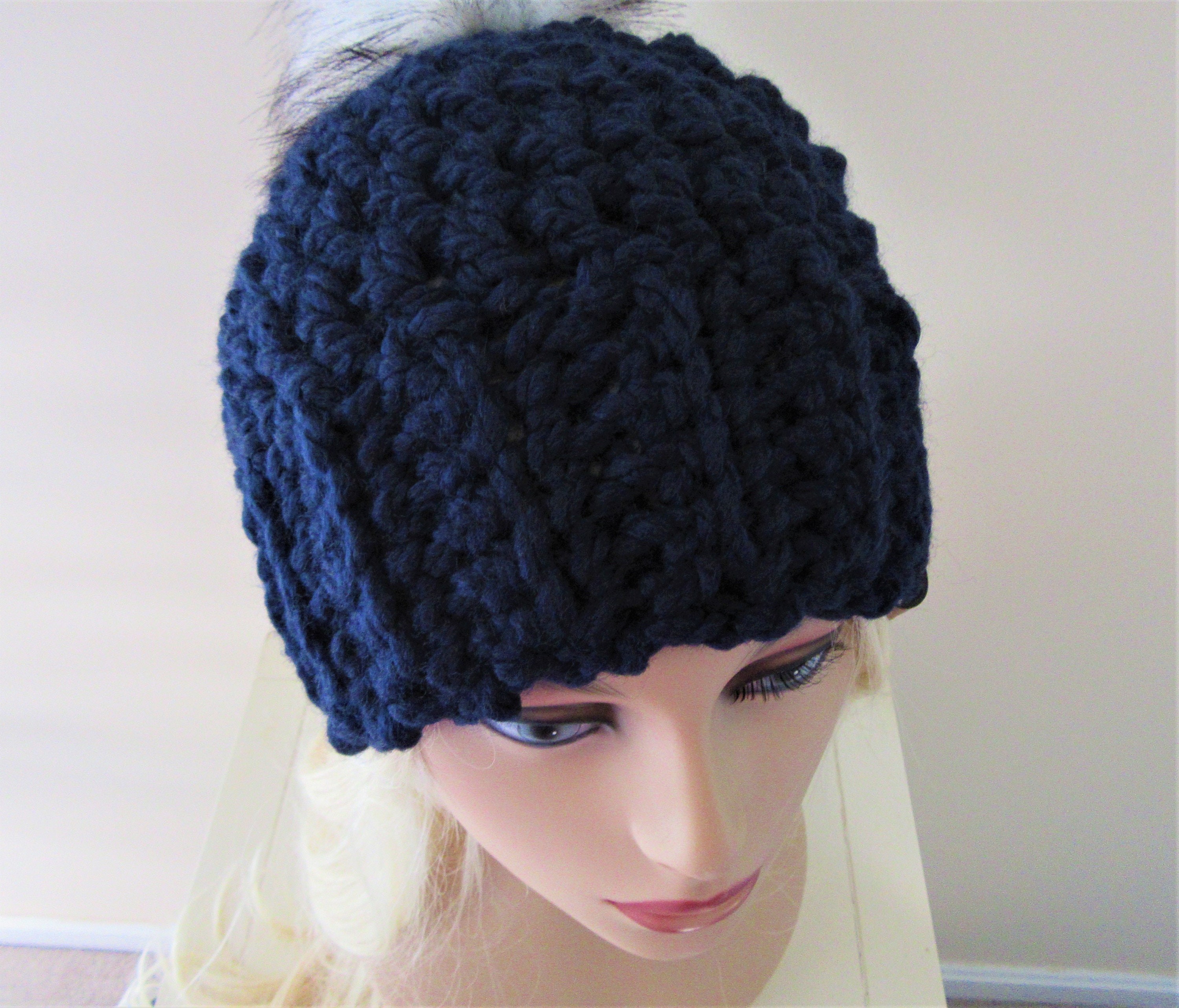 CHUNKY FUR POM Hat Navy Blue Fur Pom Hat Crochet Button Cowl | Etsy