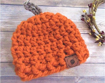 CROCHET PATTERN / Pumpkin Hat / Baby Hat / Chunky / Leather Tag