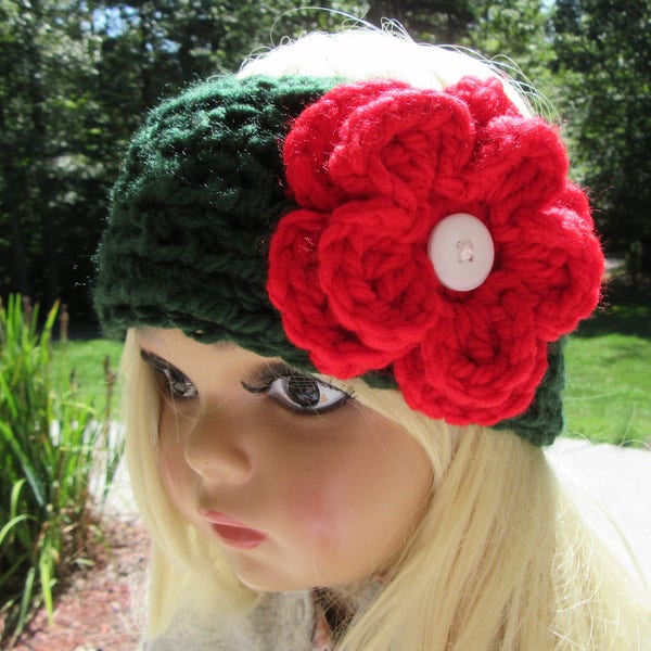 CROCHET HEADBAND / Head Warmer / Ear Warmer / Red / Green / Chunky / Hair Accessory