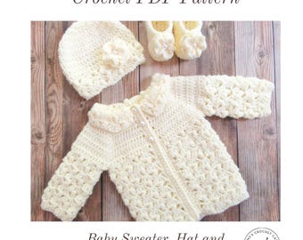 PATRÓN DE GANCHILLO para bebé - Conjunto de suéter / Gorro / Patucos / Tallas (Recién nacido, 0-3, 3-6, 6-12) Bebé