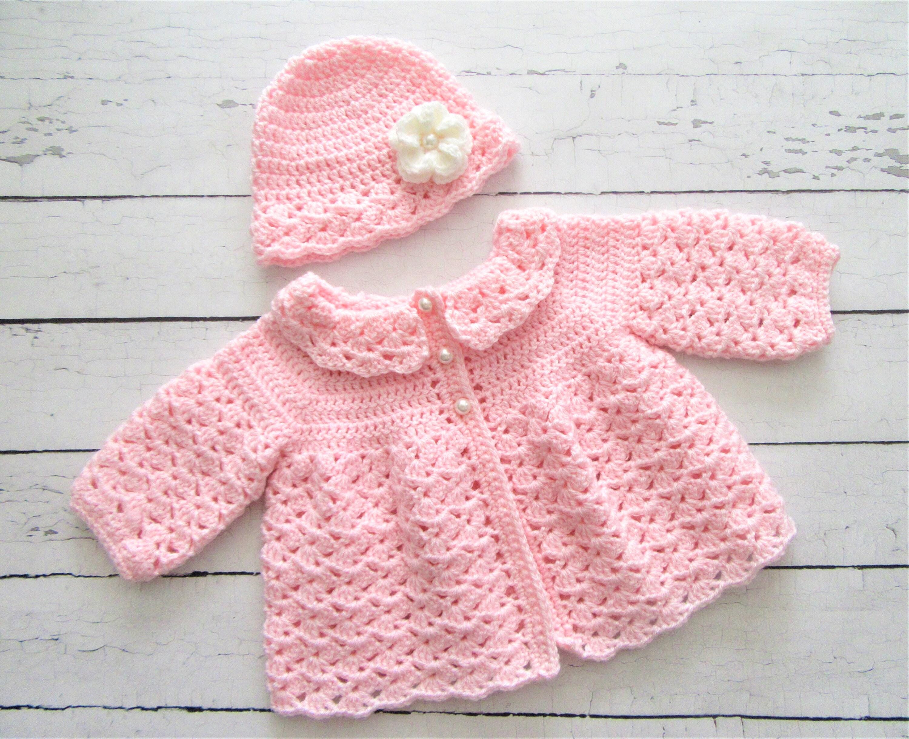 Crochet Baby Sweater & Hat Set, Pink Acrylic Knit (0-3 Months)