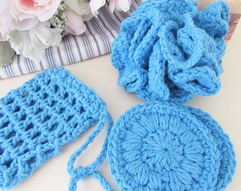 CROCHET BATH POUF / Soap Saver Bag / Scrubbies / Spa / Blue Bath Gift Set