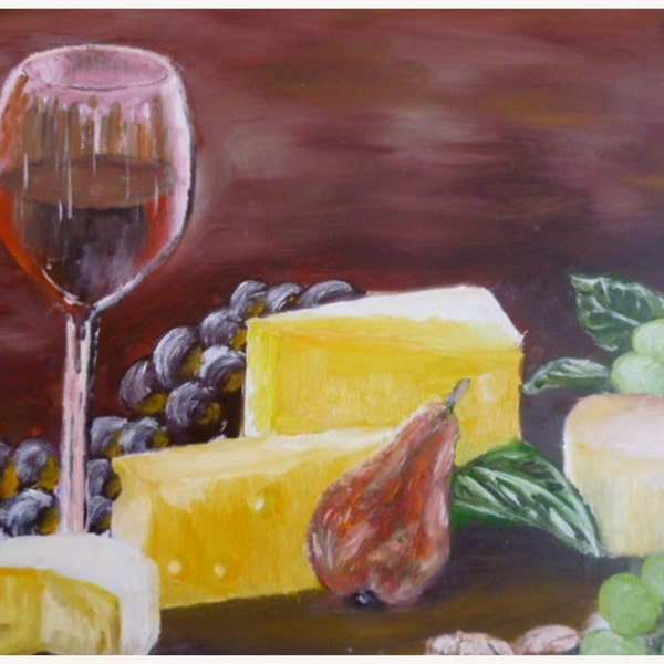 still life "Fruits, Cheeses and wine" oil painting new original medium size 16 x 22.5 inches  Opportunity Art impressionism  elinca24