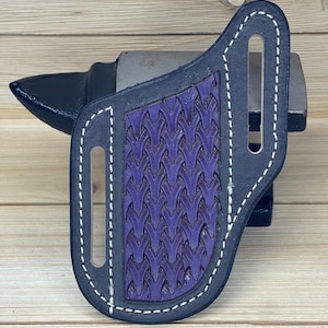 Handmade Leather Pancake Style Pocket Knife Belt Sheath in Black and Purple with Vertical Modern Triweave Stamping