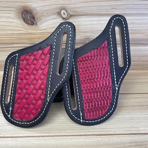 Handmade Leather Pancake Style Pocket Knife Belt Sheath in Black and Rose with Basketweave Stamping