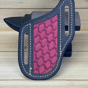 Handmade Leather Pancake Style Pocket Knife Belt Sheath in Black and Red with Diagonal Classic Basketweave Stamping