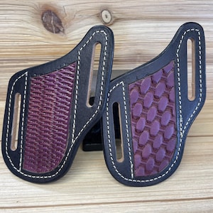 Handmade Leather Pancake Style Pocket Knife Belt Sheath in Black and Cordovan with Basketweave Stamping