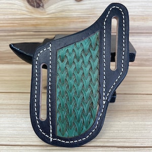 Handmade Leather Pancake Style Pocket Knife Belt Sheath in Black and Jade with Vertical Modern Triweave Stamping
