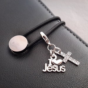 I Love Jesus Zipper Pull with Mini Cross Silver Tone Metal Charm Christian Zipper Clip on Charm Bible Cover Charm Cross Planner Accessories