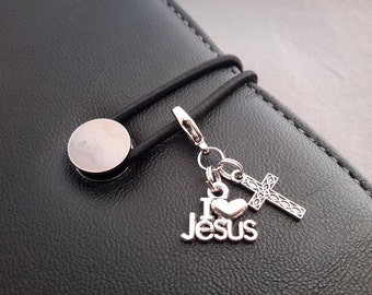 I Love Jesus Zipper Pull with Mini Cross Silver Tone Metal Charm Christian Zipper Clip on Charm Bible Cover Charm Cross Planner Accessories