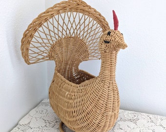 Vintage Rattan Wicker Rooster Basket Turkey Decor Thanksgiving