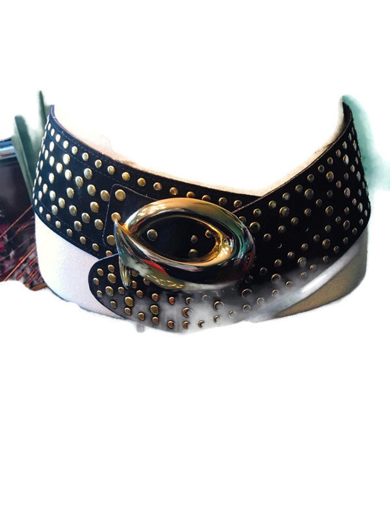 Vintage Wide Suede Belt with Goldtone Nail Heads and statement Buckle 1989 Size M