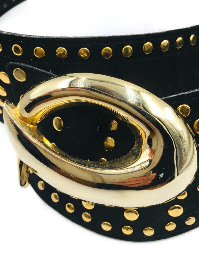 Vintage Wide Suede Belt with Goldtone Nail Heads and statement Buckle 1989 Size M