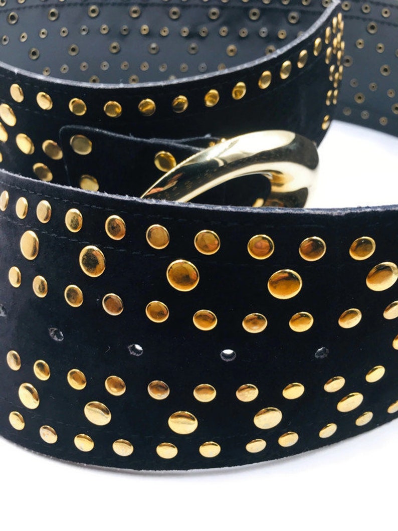Vintage Wide Suede Belt with Goldtone Nail Heads and statement Buckle 1989 Size M