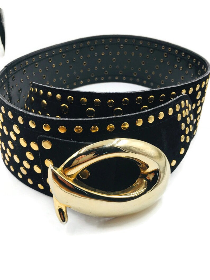 Vintage Wide Suede Belt with Goldtone Nail Heads and statement Buckle 1989 Size M