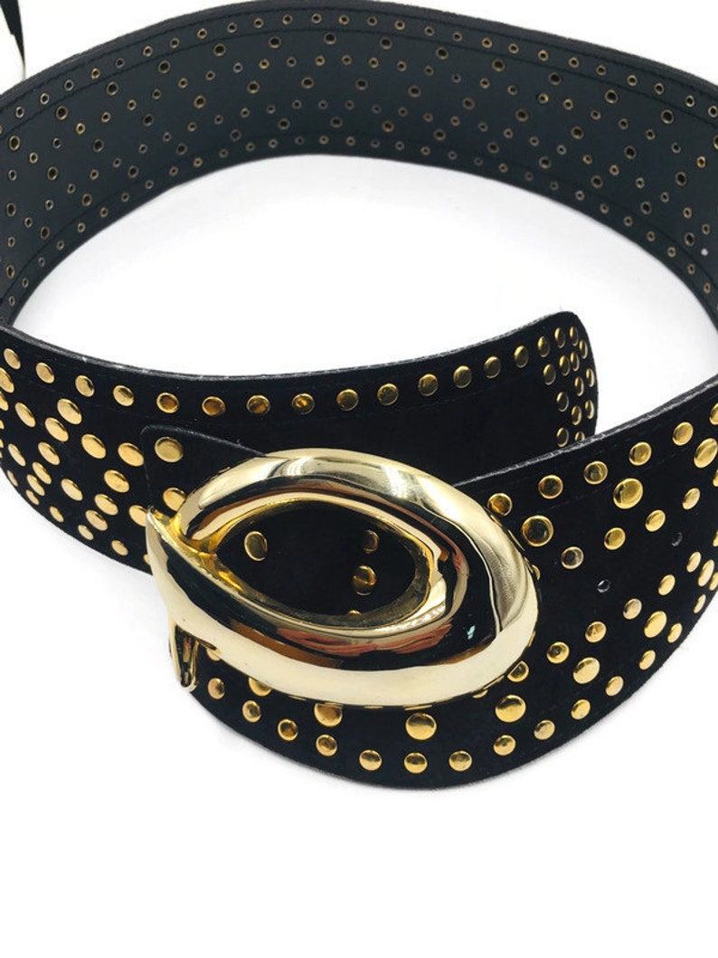 Vintage Wide Suede Belt with Goldtone Nail Heads and statement Buckle 1989 Size M