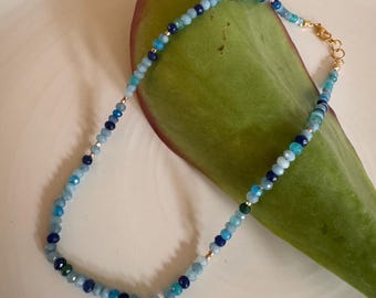 Blue Agate Rondelle Necklace – Micro-Faceted Gemstone, Handmade Jewelry