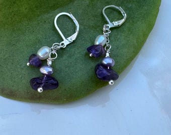 Amethyst & Freshwater Pearl Dangle Earrings • Silver Leverback - Gift for her