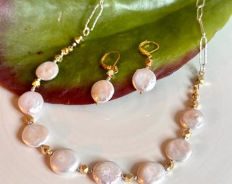 Coin Pearl Necklace and Earrings Set with Mixed Metals • Gift for her