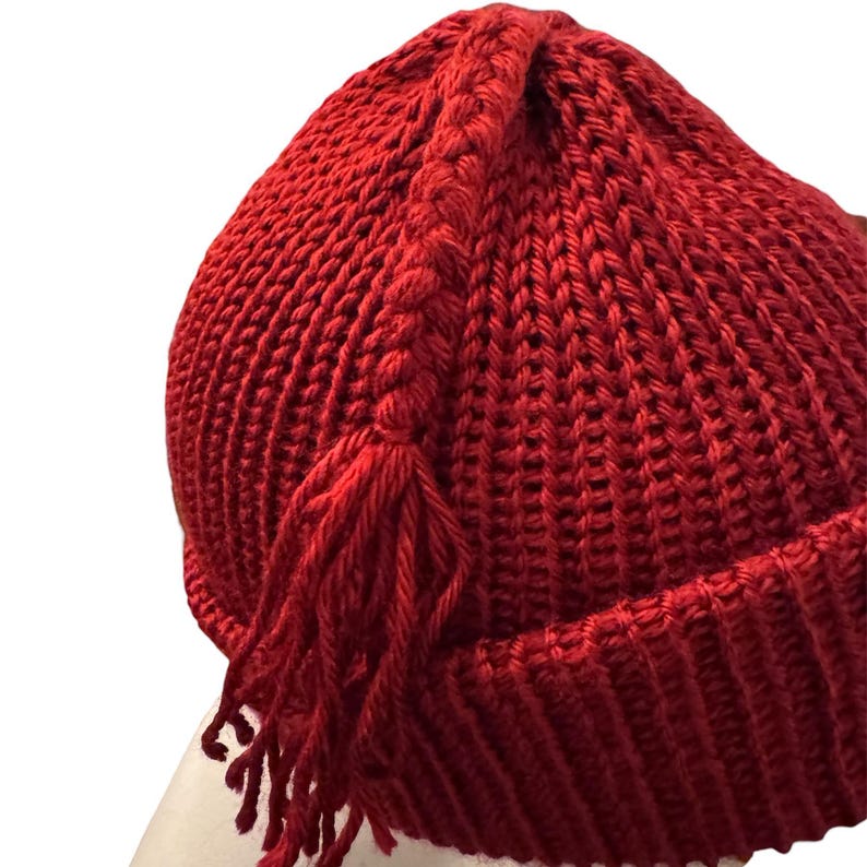 MELT THE ICE Hat Beanie | Braided Tassel | Handmade, Knitted with Brim image 4