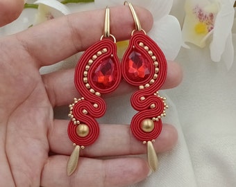 Soutache kolczyki CARMEN wąskie długie czerwone, czerwień flamenco, długie klipsy, długie czerwone kolczyki, długie kolczyki dla druhny