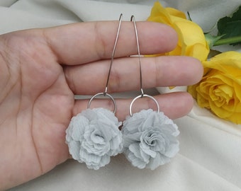 Graphite earrings, boho chic earrings, grey earrings, flower chiffon earrings, delicate boho jewellery, boho feather