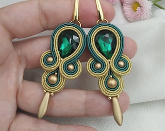 Bottle green earrings, emerald green jewerly, Green gold EMERALD CRYSTAL earrings soutache, hand made jewellery, bollywood style india