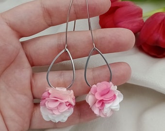 Rose earrings, ivory earrings, chiffon earrings, pastel dress, flower chiffon earrings, delicate boho jewellery, boho feather