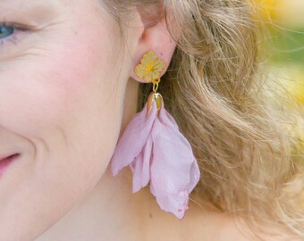 Lavender earrings, boho chic earrings, chiffon earrings, flower chiffon earrings, delicate boho jewellery, boho feather