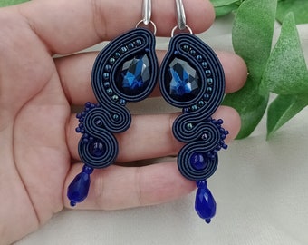 Crystal classic navy blue earrings soutache, navy blue earrings, denim earrings, dark blue earrings, zircon earrings, large earrings