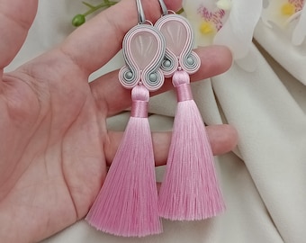 Bright pink earrings, pink earrings, powder pink earrings, powder pink clip-on earrings, jewelry for communion, long pink earrings