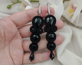 Boucles d'oreilles, soutache NOIR onyx, fait à la main bijoux, cadeau de Noël