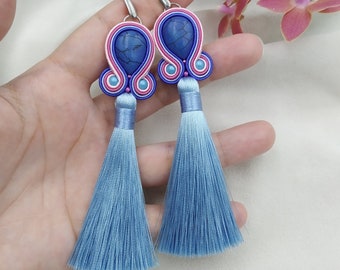 Gypsy Princess long Soutache Earrings Tassel Navy Blue royal cobalt fuchsia, gipsy boho hippie jewellery