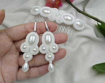 Bridal handmade Earrings, haircomb soutache, white and silver set, pearl white earrings, white pearls, pearly wedding set, pearl jewelry