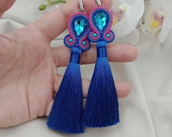 SOUTACHE boucles d'oreilles 10cm GLAND TASSEL, glandes boucles d'oreilles, longues boucles d'oreilles, rouge serenity bleu azur