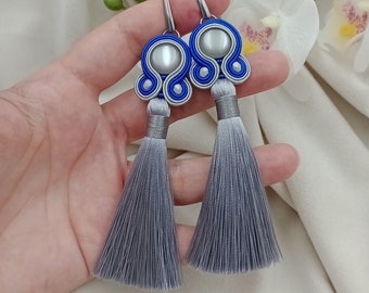 Royal blue hippie earrings, royal blue wedding jewelry, sapphire earrings, blue earrings with long tassels