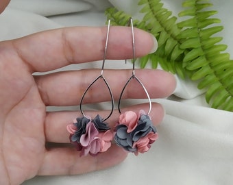 Peonies earrings, mauve peony, boho chic earrings, boho chiffon earrings,fucsia pink rose earrings, delicate boho jewellery, boho feather