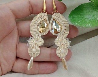 Pendientes soutache crudo marfil cristallo, beige novia