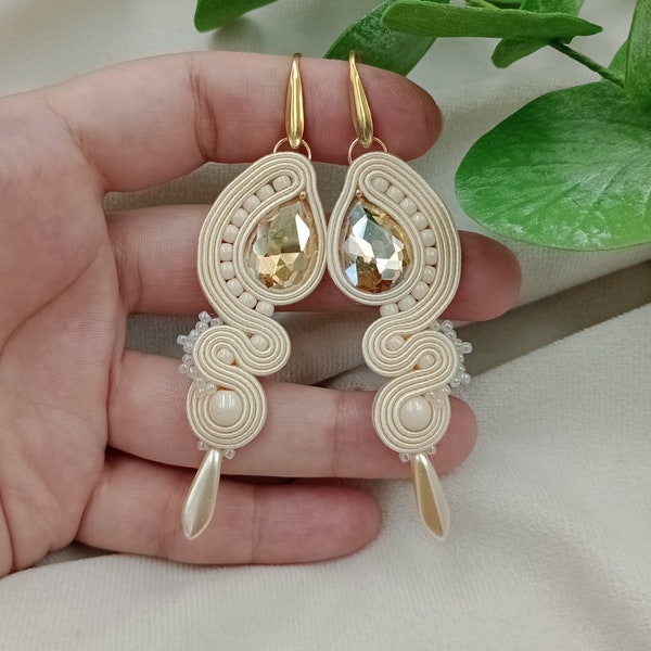 Pendientes soutache crudo marfil cristallo, beige novia