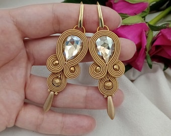 Soutache bling glam earrings, crystal wedding earrings, gold shiny earrings, earrings with cubic zirconia, cream earrings, ivory earrings