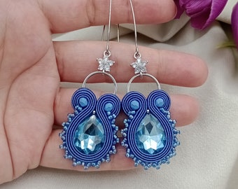 Pendientes soutache, pendientes soutache, pendientes largos, azules largos, pendientes azules largos, clips azules, blusa azul